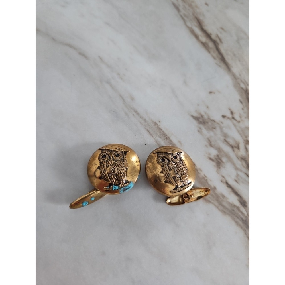 Vintage Goldtone Wise Old Owl Button Cufflinks Unsigned